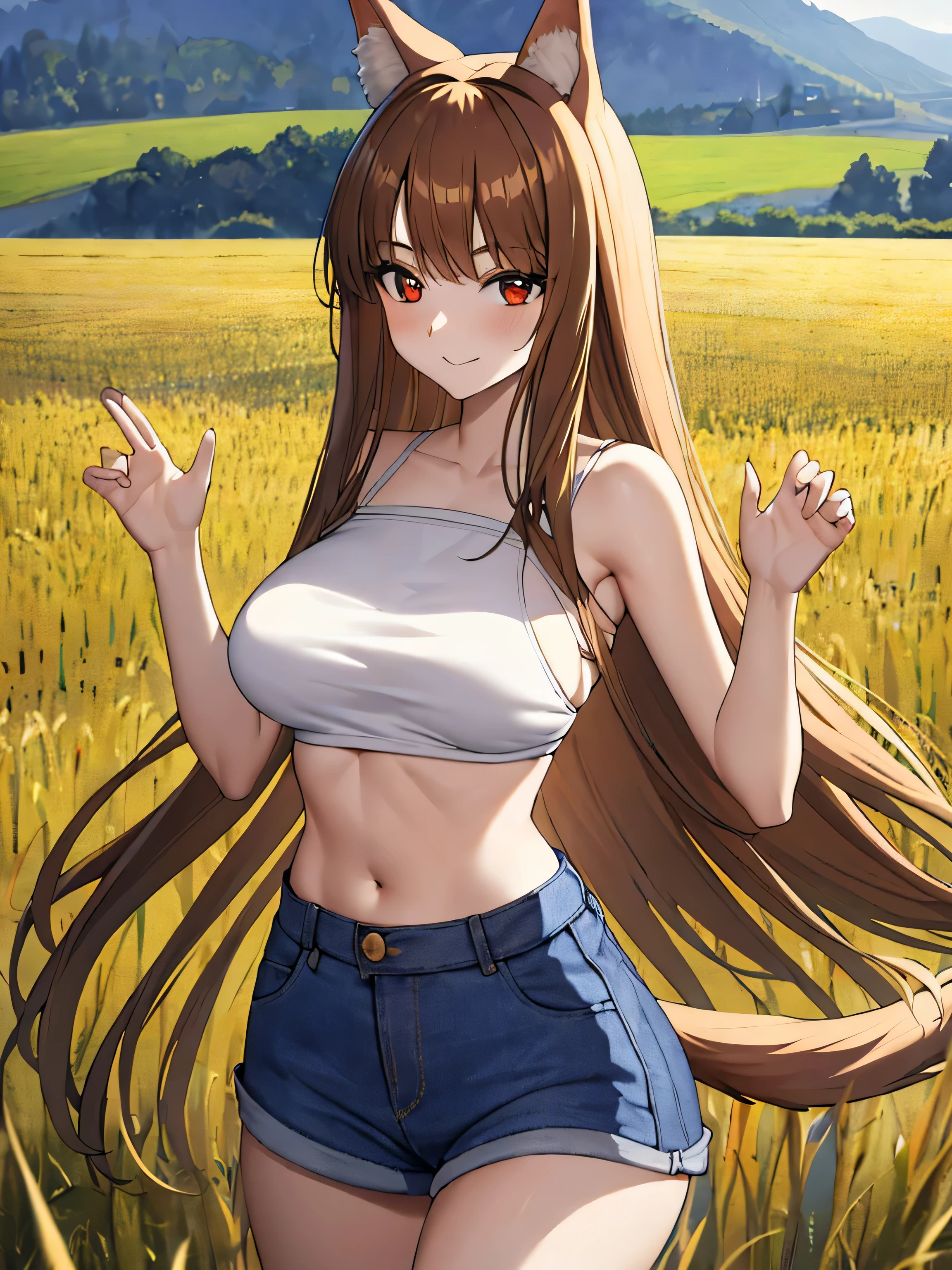 masterpiece, highest quality:1.2), Wheat field, holo, alone,Are standing, (SEXY Pose), Long Hair, Brown Hair, Dog ears, smile, (Large Breasts:1.2), White bra, (Panties are visible:1.6, Risky, White), (mini skirt:1.4, Ultra short, Blue Denim), A bushy tail grows from its waist.,