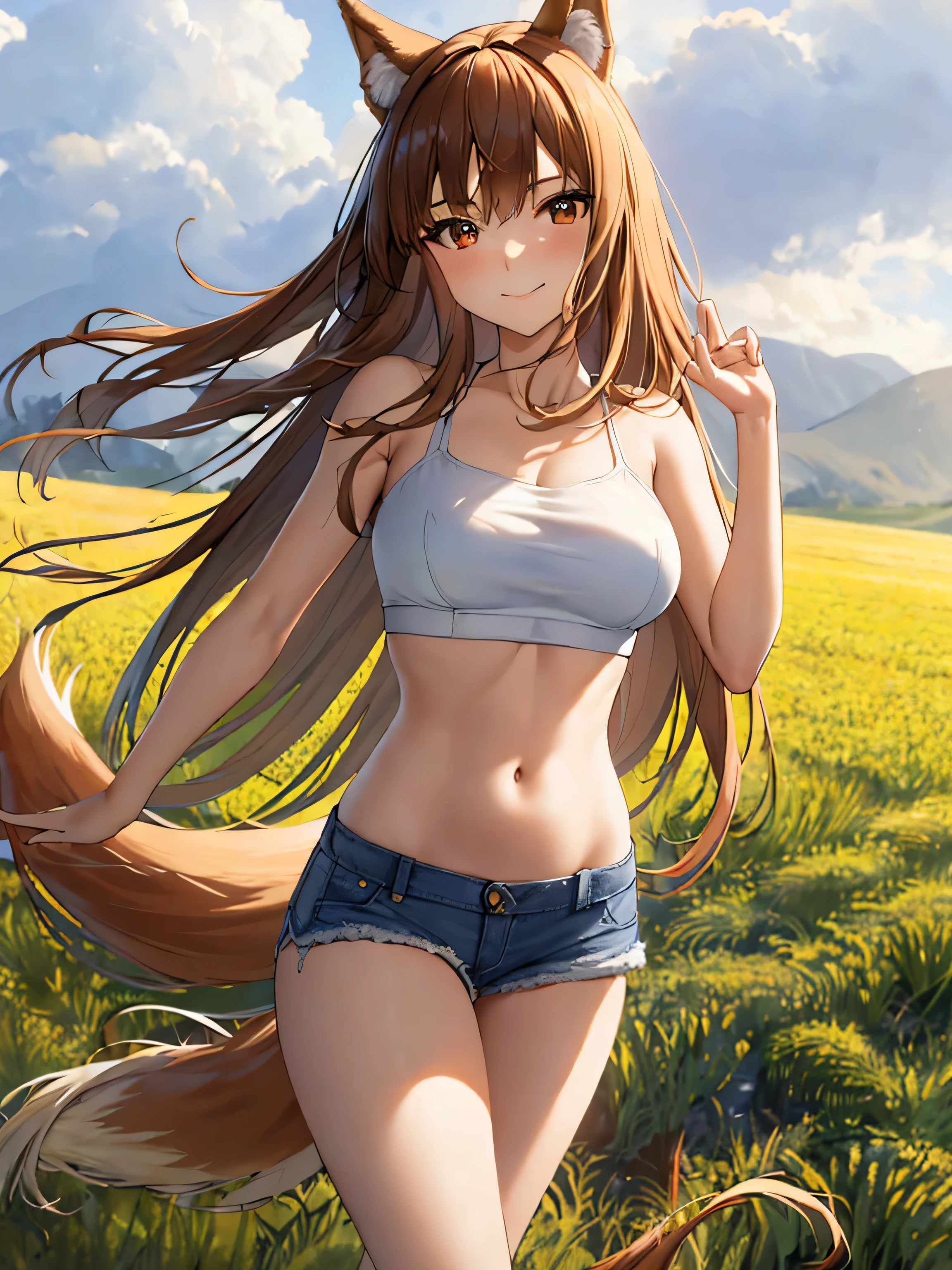 masterpiece, highest quality:1.2), Wheat field, holo, alone,Are standing, (SEXY Pose), Long Hair, Brown Hair, Dog ears, smile, (Large Breasts:1.2), White bra, (Panties are visible:1.6, Risky, White), (mini skirt:1.4, Ultra short, Blue Denim), A bushy tail grows from its waist.,