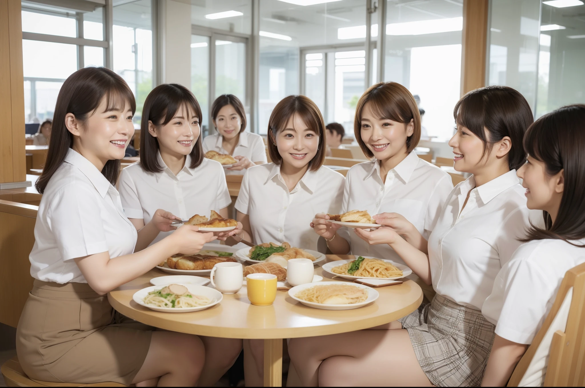 ((highest quality, 8k, Representative works in detail, Ultra-high resolution)), (Group photo of women), (Looking at the audience), (Mid Shot:), Five attractive businesswomen、women only、 A little chubby:0.25, White collared shirt, Grey Skirt, mini skirt、Inside a high-rise office,wide、Sitting and eating、company cafeteria、I&#39;m having lunch、Happy expression、color々Food、Daily set meal、Ramen、Udon、Omelette rice、sandwich、curry、Pork cutlet on rice、Facing table、四人掛けのテーブルにSitting and eating、