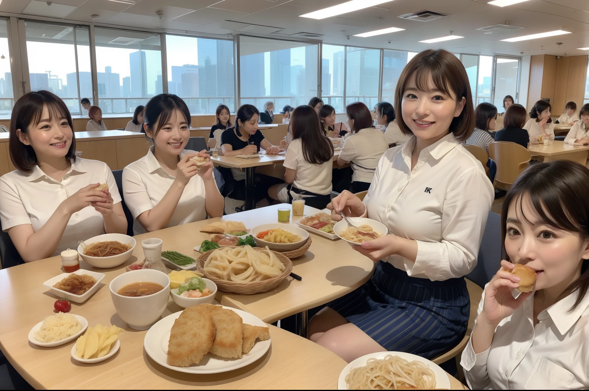 ((highest quality, 8k, Representative works in detail, Ultra-high resolution)), (Group photo of women), (Looking at the audience), (Mid Shot:), Five attractive businesswomen、women only、 A little chubby:0.25, White collared shirt, Grey Skirt, mini skirt、Inside a high-rise office,wide、Sitting and eating、company cafeteria、I'm having lunch、Happy expression、color々Food、Daily set meal、Ramen、Udon、Omelette rice、sandwich、curry、Pork cutlet on rice、Facing table、四人掛けのテーブルにSitting and eating、