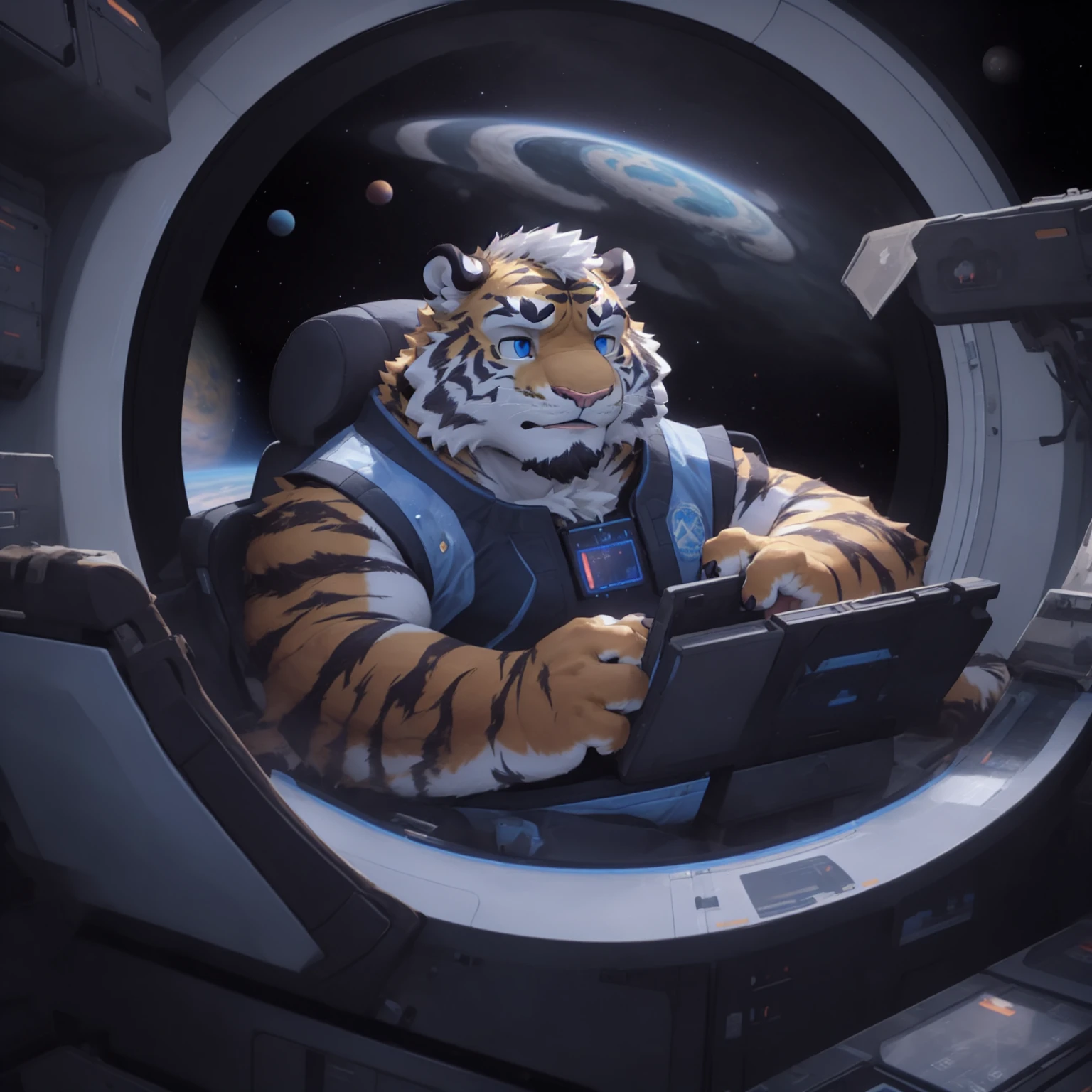 New Jersey 5 Furry,Tiger，portrait，Exquisite， Chubby，Fat，Thick arms，Rugged muscles，plush fur，Chubby脸，Black eyebrows，Sky blue eyes，Beard，Space，Inside the spacecraft，Sit in the driver's seat，白色Space服，arrogant，confidence