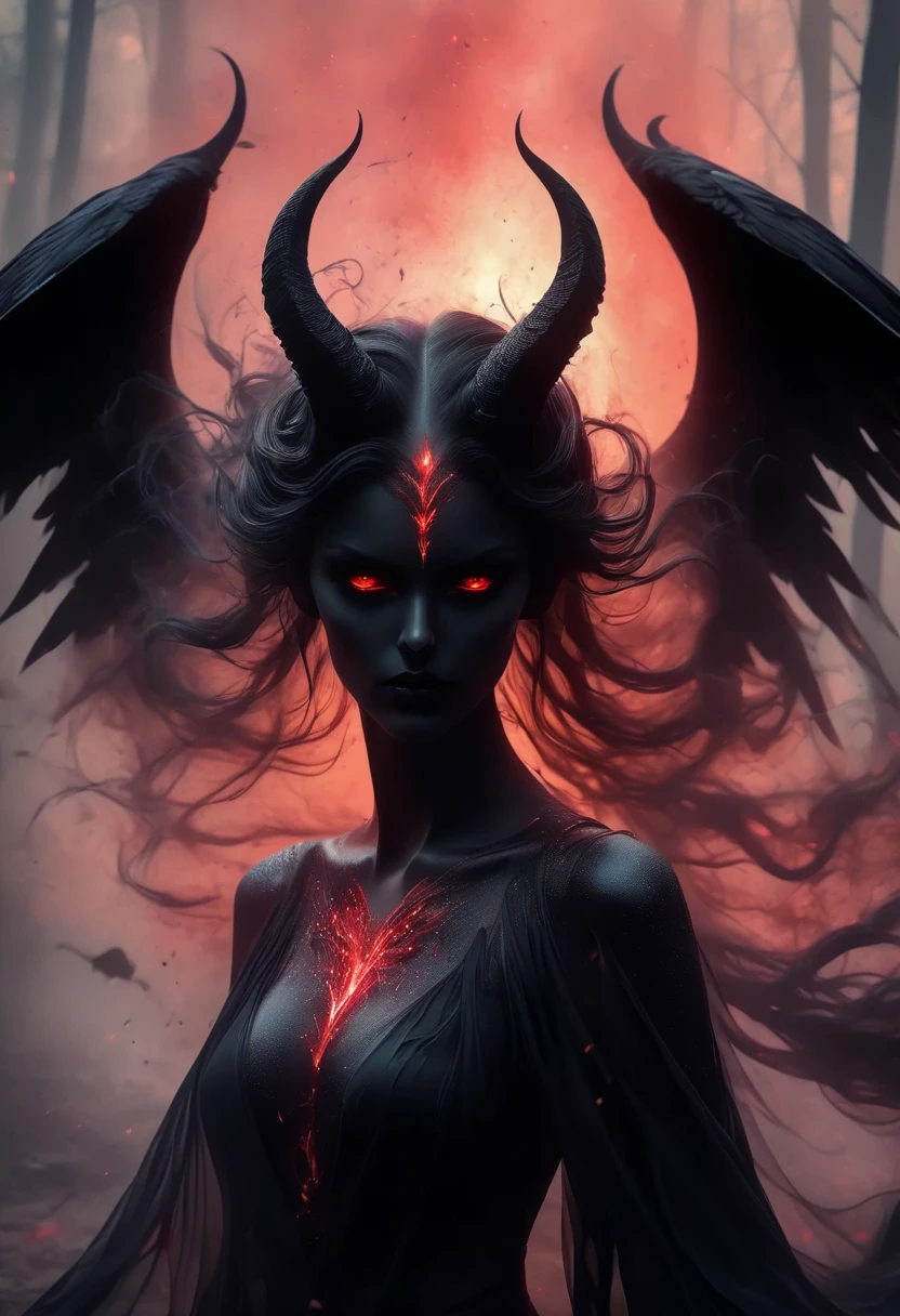 (masterpiece, high resolution, dark:1.2), Ominous silhouette of a malevolent demon, (breath:1.1), (Glittering red eyes:1.3) Penetrating Shadows, (Flowing ebony hair:1.2) Sharp horns cascade down from her forehead, (Scary black wings:1.2) expanded, Casting a sinister shadow on the ground, (ethereal mist:1.1) Spinning around her, Surreal, Reality