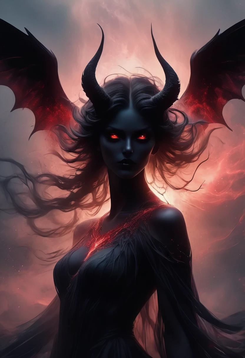 (masterpiece, high resolution, dark:1.2), Ominous silhouette of a malevolent demon, (breath:1.1), (Glittering red eyes:1.3) Penetrating Shadows, (Flowing ebony hair:1.2) Sharp horns cascade down from her forehead, (Scary black wings:1.2) expanded, Casting a sinister shadow on the ground, (ethereal mist:1.1) Spinning around her, Surreal, Reality