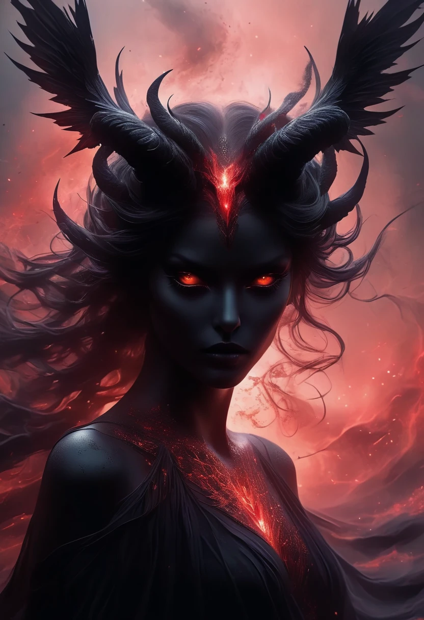 (masterpiece, high resolution, dark:1.2), Ominous silhouette of a malevolent demon, (breath:1.1), (Glittering red eyes:1.3) Penetrating Shadows, (Flowing ebony hair:1.2) Sharp horns cascade down from her forehead, (Scary black wings:1.2) expanded, Casting a sinister shadow on the ground, (ethereal mist:1.1) Spinning around her, Surreal, Reality