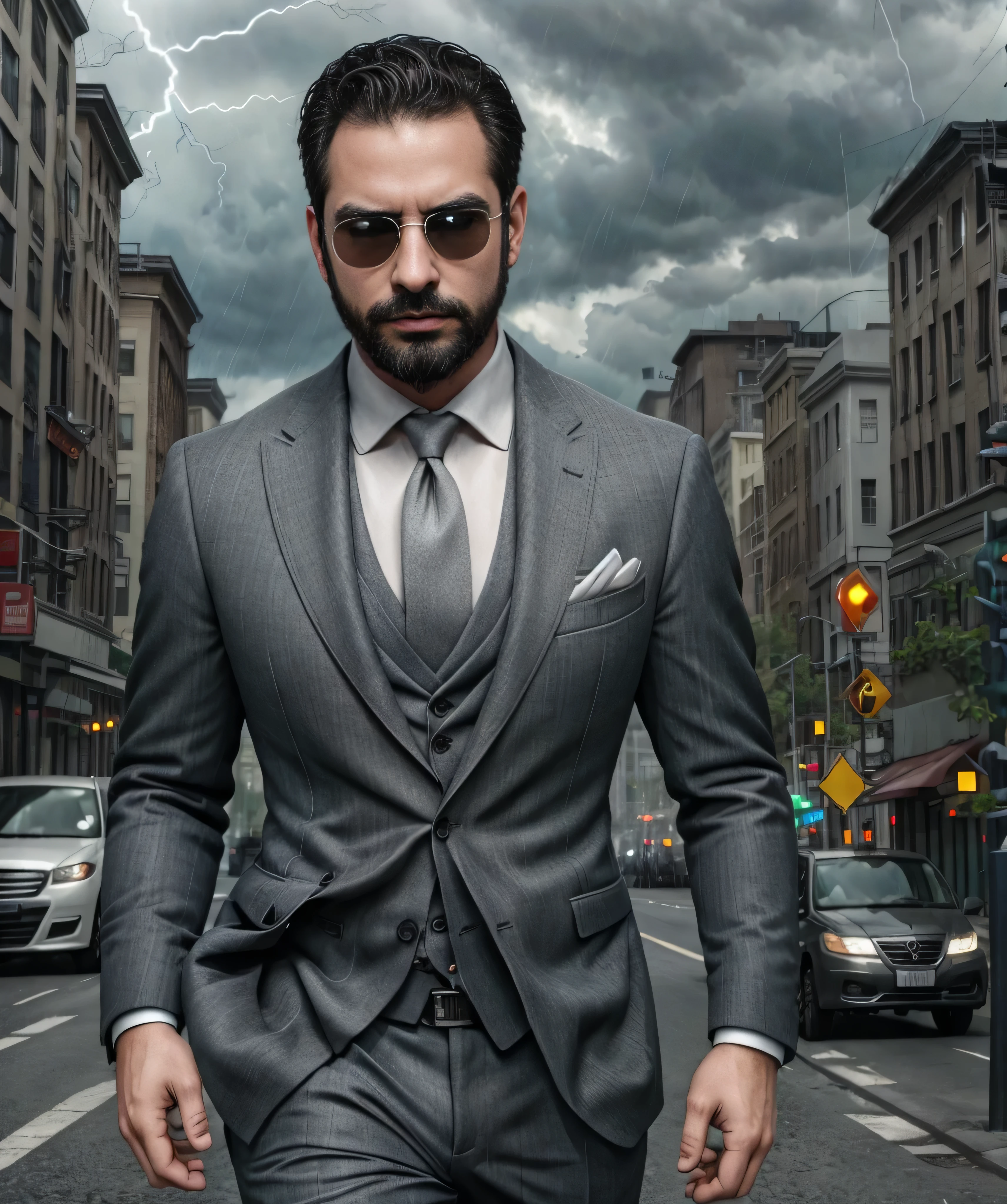 (best quality,4k,highres,masterpiece:1.2),ultra-detailed,realistic:1.37,blurred background,upper body,38-year-old man wearing sunglasses in a suit,heavy traffic,stormy weather,cityscape,electricity,lightning