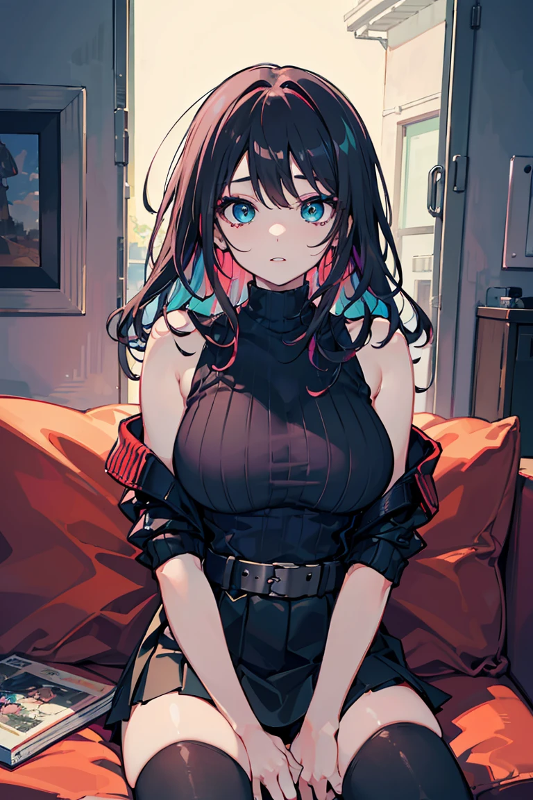 (Masseter muscle area:1.2、highest quality),(Live Action、Intricate details)、(1 female、alone、Big Breasts、Beautiful gradient eyes、Transparent lips) clothing: Edgy、Punk style makeup、Bare shoulders、spouse、Sit on the sofa、Avant-garde、Experimental Appearance: Dark pink long hair、Wavy Hair、Colorful hair colors, Clear aqua blue eyes, Dramatic makeup、Unconventionalな fashion choices behavior: traitor、Runaway Ladies Leader、president、Black Jumper、Leather mini skirt、provocative Location: Urban Arts District、Hobbies of the underground music scene: Bad boy、Create mixed media art、Experiment with the values of different subcultures: Personality、reliability、Inspiration for creative expression: Runaway Ladies Leader、president、A symbol of counter culture、nature: Boldness、Unconventional, Romanticism, modern art, Impressionism, reflected light, 8k, masterpiece, Advanced Details, highest quality, Accurate anatomy, Five Fingers