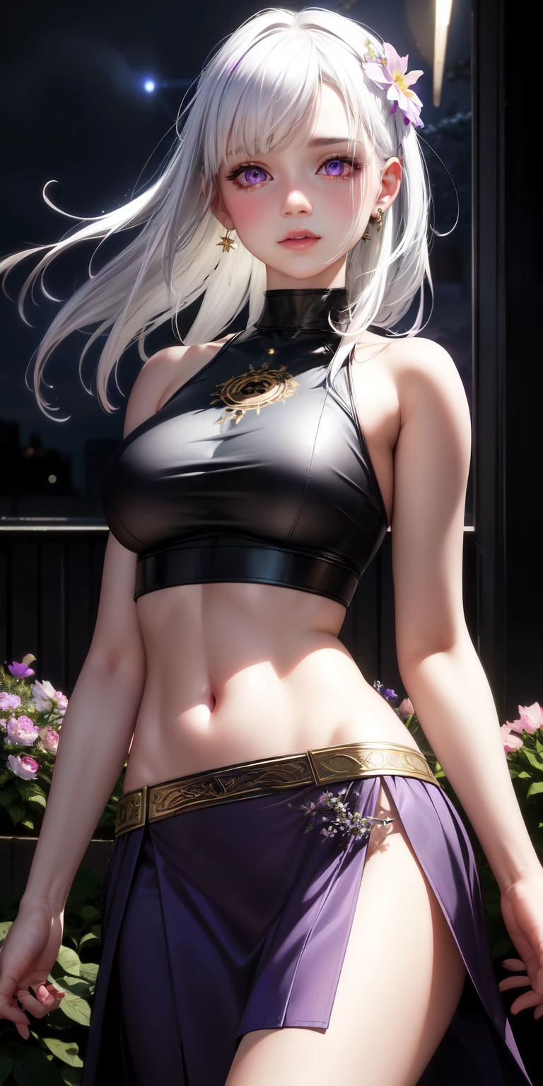 realistic, 1girl, white hair, purple eyes, glowing eyes, crop top, skirt, parted lips, blush, night, flowers, sun, sunlight,
