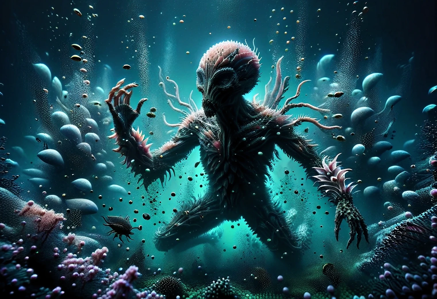 A beautiful photo was taken underwater, light pink water of an unearthly alien ocean, diving on an unknown plane, an anthropoid humanoid alien dives into the depths of the pink ocean, an alien diver is shown in detail, the greenish skin of the alien is covered with small shiny scales, fingers with sharp claws and webbing, large faceted alien eyes, the alien is surrounded by unknown alien fish and bizarre plants of the alien ocean, realistic photo, RAW style, real, real, non-existent, fictional