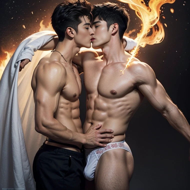 2 handsome boy kissing, asian boys like Mighty Archangel Michael, 19 years old, handsome, kpop idol actor,kissing, hug, cuddle, skin ship, smile at each other, catching eyes, many jawline, manly chin, Full Body Shoot, (eyes contact),(tattoo in chest, hands, arms, legs, butts, belly, back), detailed facial parts, Manly, bare chest, bare butts, detailed muscle, a little six packs attractive body and Quiff haircut, white hair :: high detail, is in highly detailed battle armor, super thin sexy g_string underwear ,big dick holding a detailed flaming blue sword of golden pearls, detailed fingers, a flaming sacred aura radiating from his body, stylish model pose, moon background, surreal, fantasy, magical, intricate details, depth of field. Best quality, masterpiece, ultra high resolution, (anime realism, photorealistic: 1.4), perfect composition, centered, symmetry, big juicy butts.