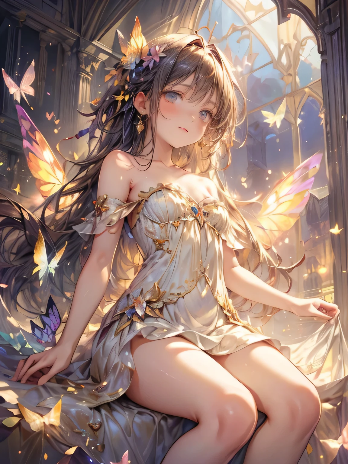 masterpiece, highest quality, 8k, highres, beautiful highest details, old castle flower garden, soft sunlight, butterfly spirit girl, yellow dress, bare shoulder, strapless, tears, rainbow butterfly wings:1.2, flying sky:1.2, view from below, sparkling eyes, bright rosy lips, gentle smile, 