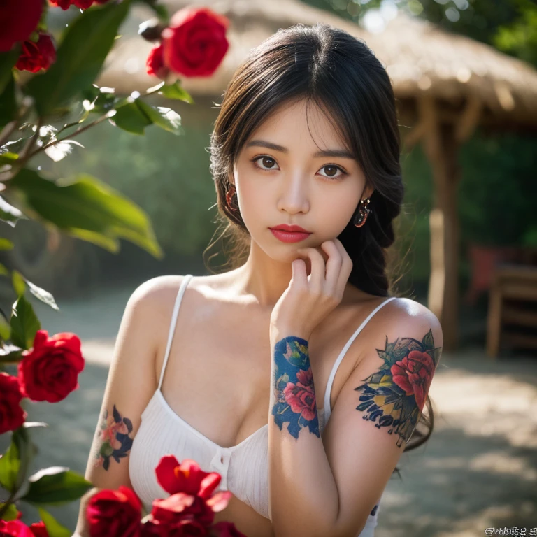 ((best quality, 8k, Masterpiece :1.3)), Clear face focus :,dark pink shirt Dark red, dark blue, tight, colorful.,) Korean style, girl style. Long hair blows up with the force of the wind.,) White tattoo 25 years. perfect body beauty:1.4. In front of the camera. More intimate. clearer than this, There is an old, thatched hut.,) There are red flowers around.,) The sunlight shines in the evening.,) Full Body°, Highly detailed faces and textures, Detailed eyes, alone, Realistic photos:1.37 .. The fine texture of the tattooed skin.. hand tattoo. breasts tattoo , Shot with a high quality Fuji camera., Color light 45.,000,000 pixels ,)) Too realistic,)