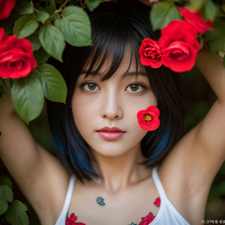 dark theme , (best quality, masterpiece:1.2), 18yo girl in garden, black cleavage dress, (red flowers mess in background:1.3)