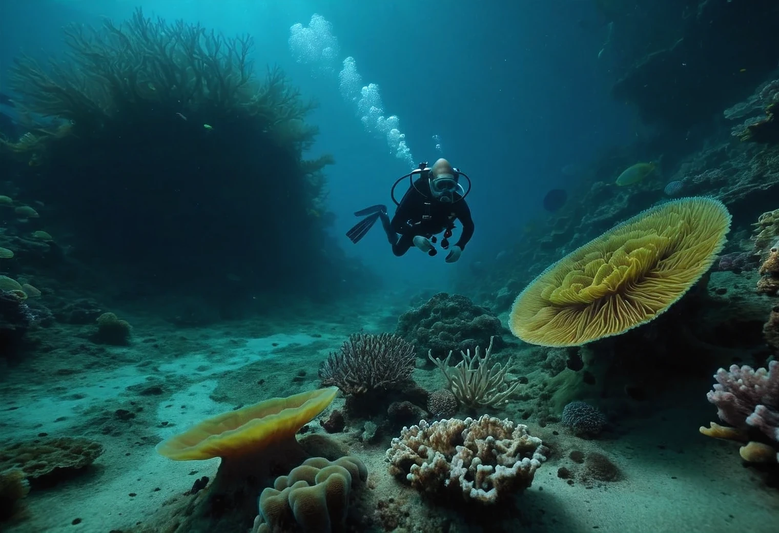 (POV):1.5055, (underwater diving on an unknown alien planet):1.4, diving, (previously unseen and unknown algae and corals of the alien ocean):1.6245, difficult, detailed, science fiction, biological fiction, ufology, unknown species of flora and fauna, documentary, (first person view)1.5