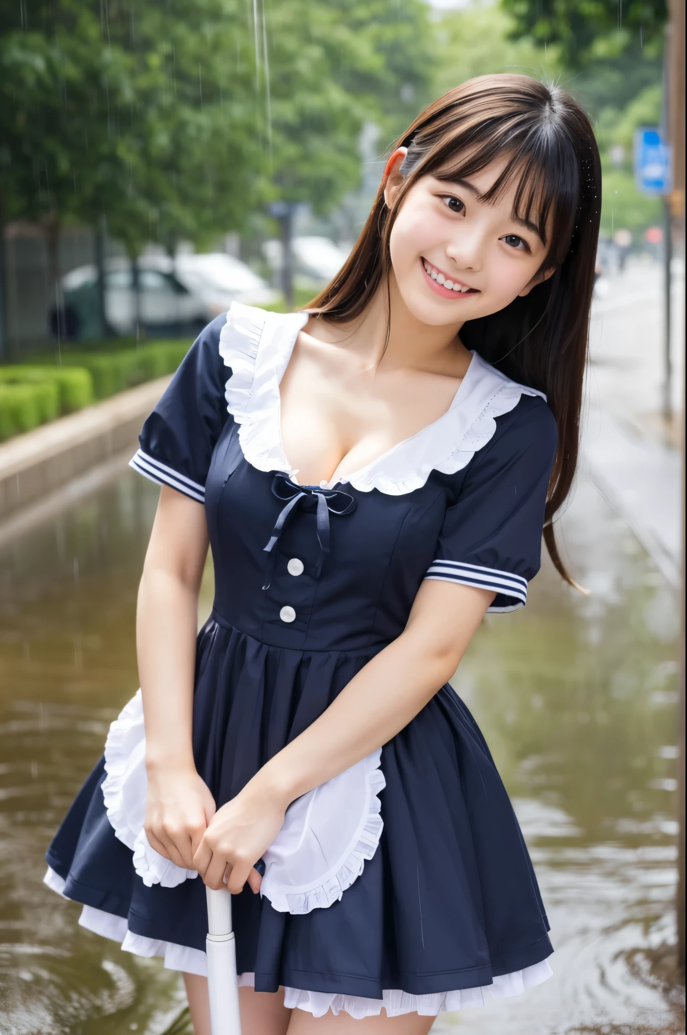 masterpiece、超High resolution、Pouring rain、I forgot my umbrella so I don't have it 雨で髪の毛と顔と服とwhole bodyがずぶ濡れ、Drops of water running down her hair and face She is very cute and young like an idol..々Beautiful 18 year old Japanese girl、Gentle and cute、A kind smile Her job is a maid Walking on a sidewalk in a big city during heavy rain She is wearing a Japanese maid outfit、Medium bust A maid outfit that clearly shows her cleavage whole body、RAW Photos、Genuine、High resolution、Life、No copyright notice