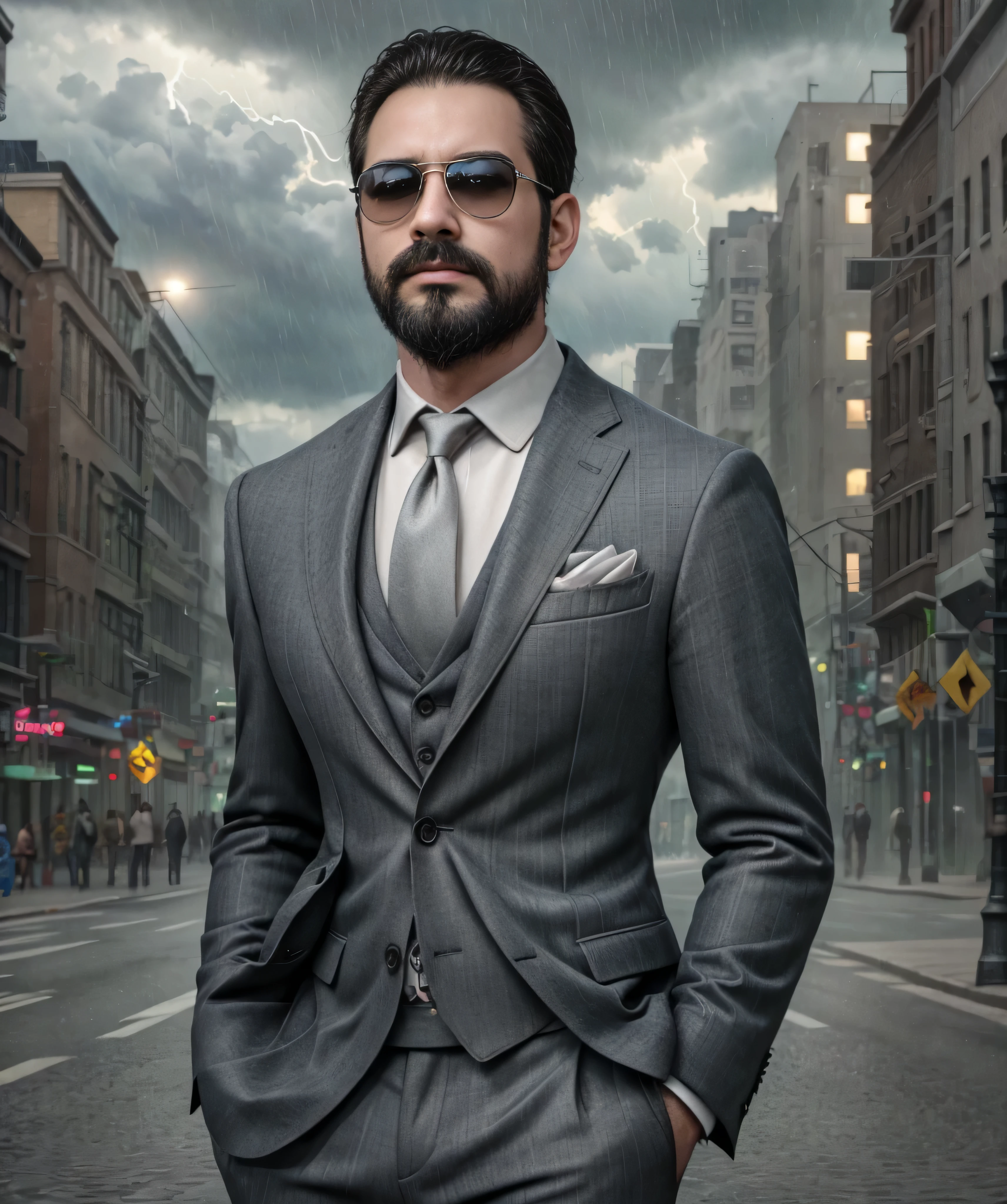 (best quality,4k,highres,masterpiece:1.2),ultra-detailed,realistic:1.37,blurred background,upper body,38-year-old man wearing sunglasses in a suit,heavy traffic,stormy weather,cityscape,electricity,lightning