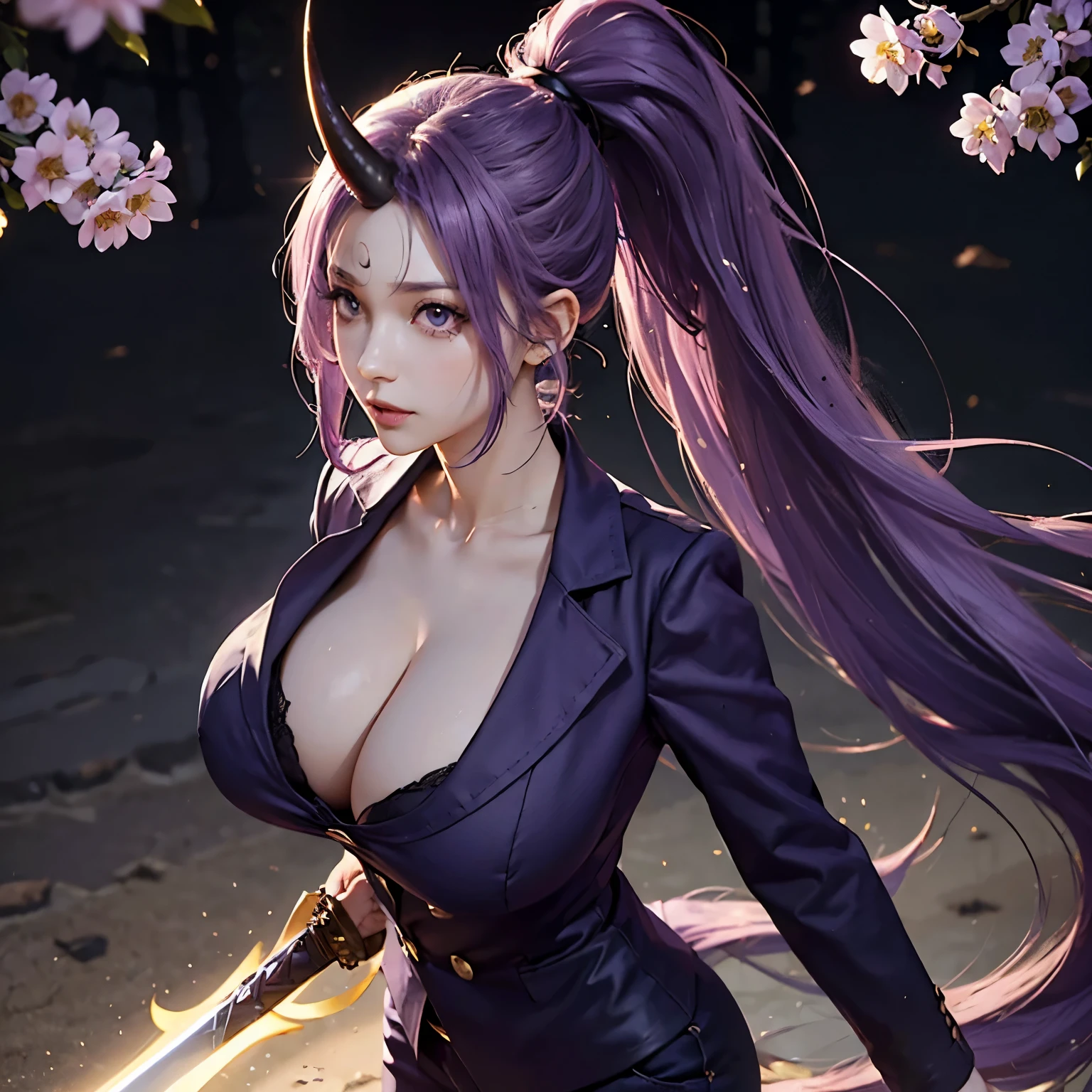 best quality, masterpiece, monster girl with one horn in the middle of her forehead, ShionTensuraNDV character, long purple hair, ponytail, detailed face, 8k wallpaper, giant breasts, giant sag, pretty nose, pretty character design, purple collared blazer shirt, trousers , nice cleavage, White skin, perfect face, expressive eyes, wide hips, holding a super big and long sword, standing outdoors, perfect , looking at the viewer, highly detailed unity CG 8k wallpaper, perfect exposure, very high resolution, 4K, high detail, photography, 8K, HDR, high resolution, unreasonable:1.2 , Kodak portra 400, film grain, blurred background, bokeh:1.2 , lens flare, (whole body visible), (vibrant_color:1.2), professional photo , (Beautiful,Large_Breast : 1.4 ), (beautiful_face:1.5),(medium_waist).