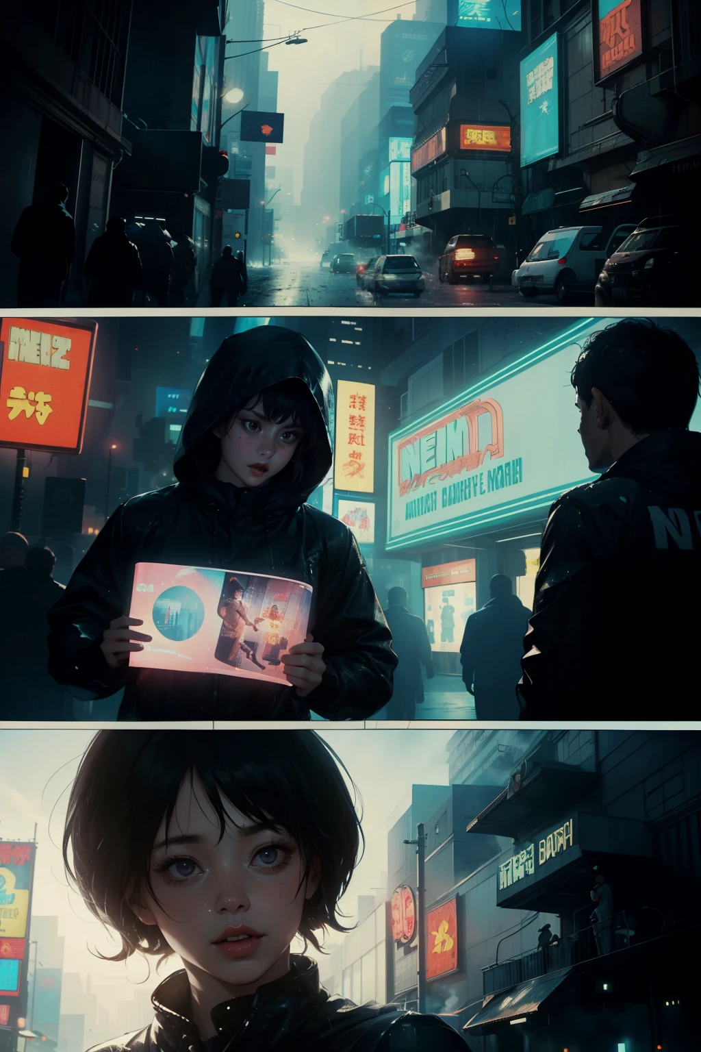 ((highest quality)), ((masterpiece)), (be familiar with), (High definition), (Accurate), (Realistic), (Cinematic), (Best Shadow), (Low contrast), (8K), Perfect Face, ((SYD MEAD style)), manga、mangaデザイン、Storyboard、Frame division、((1 Girl))、(Replicant), ((Black Hair, very short hair, Blue Eyes)), (Black hooded raincoat)、Glittering neon signs、congestion, congestion, Decadent Future City, NEO TOKYO, A.D.2051, (steam:1.2), It's raining white, evening, Bust shot of a girl