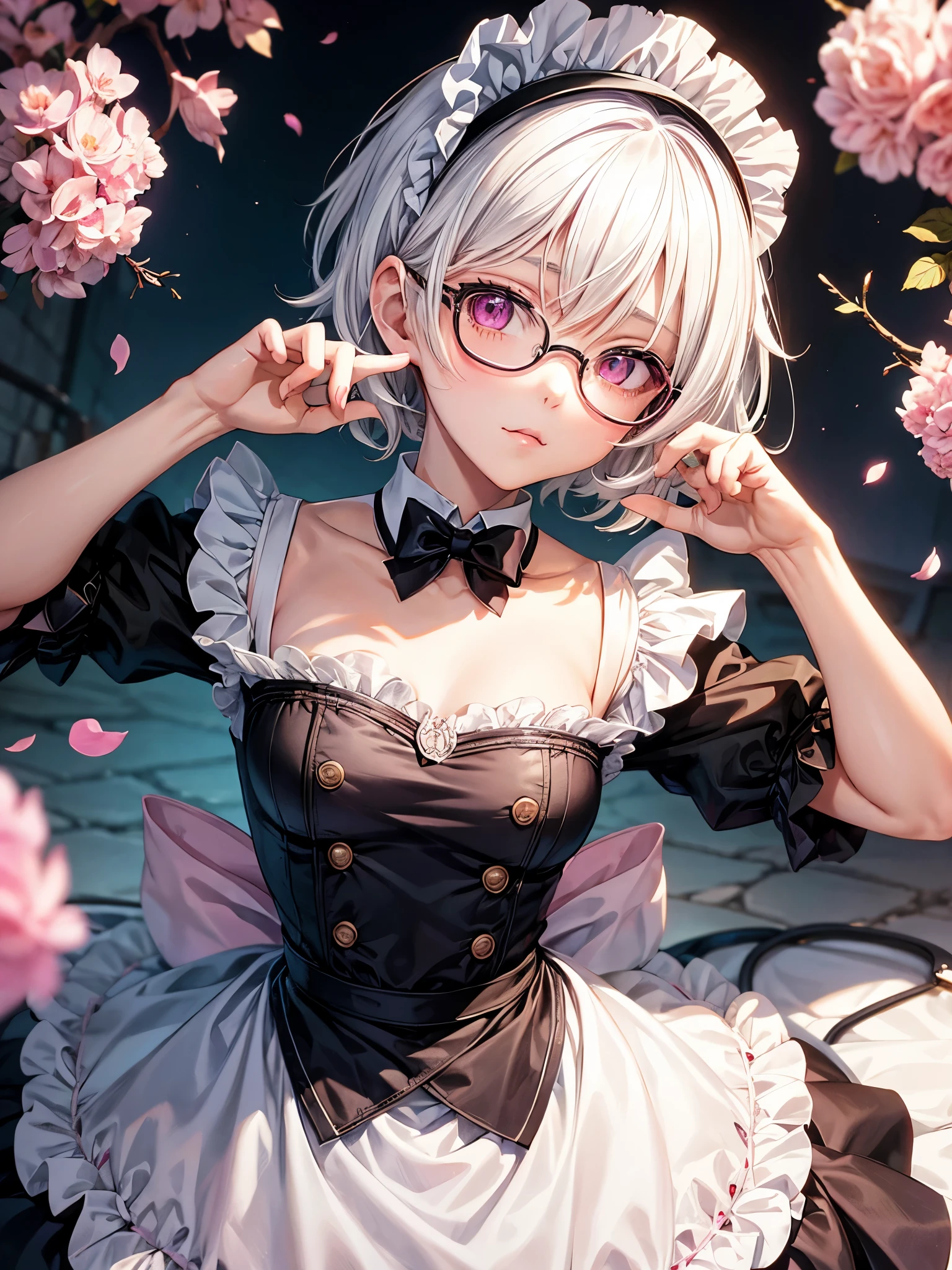 White hair. Short hair. Anime girl. Pink eyes. Nekomimi. Catgirl. 1girl. Maid. Glasses.