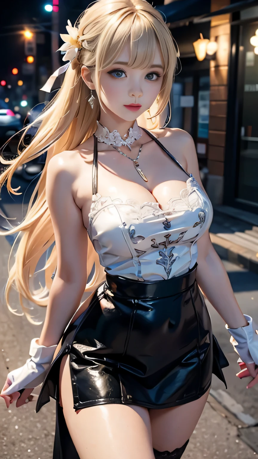 high angle,from above,cleavage,((masterpiece, highest resolution,best quality)), (beautiful illustration), ((1girl,cute,young,semi long beautiful siver blonde hair,blunt bangs,beautiful eyes)),(solo),(beautiful elegant office blouse and black skirt),(looking at the viewer), (walking around the flower park),
innocent smile, white over-kneehighs,Lace chalker, wristband, fingerless gloves, over-kneehighs,
Lace chalker, diamond necklace,wristband, fingerless gloves, earrings, cinematic lighting, flower park,big city,busy street,day,blue sky,flowers and trees,crowded,