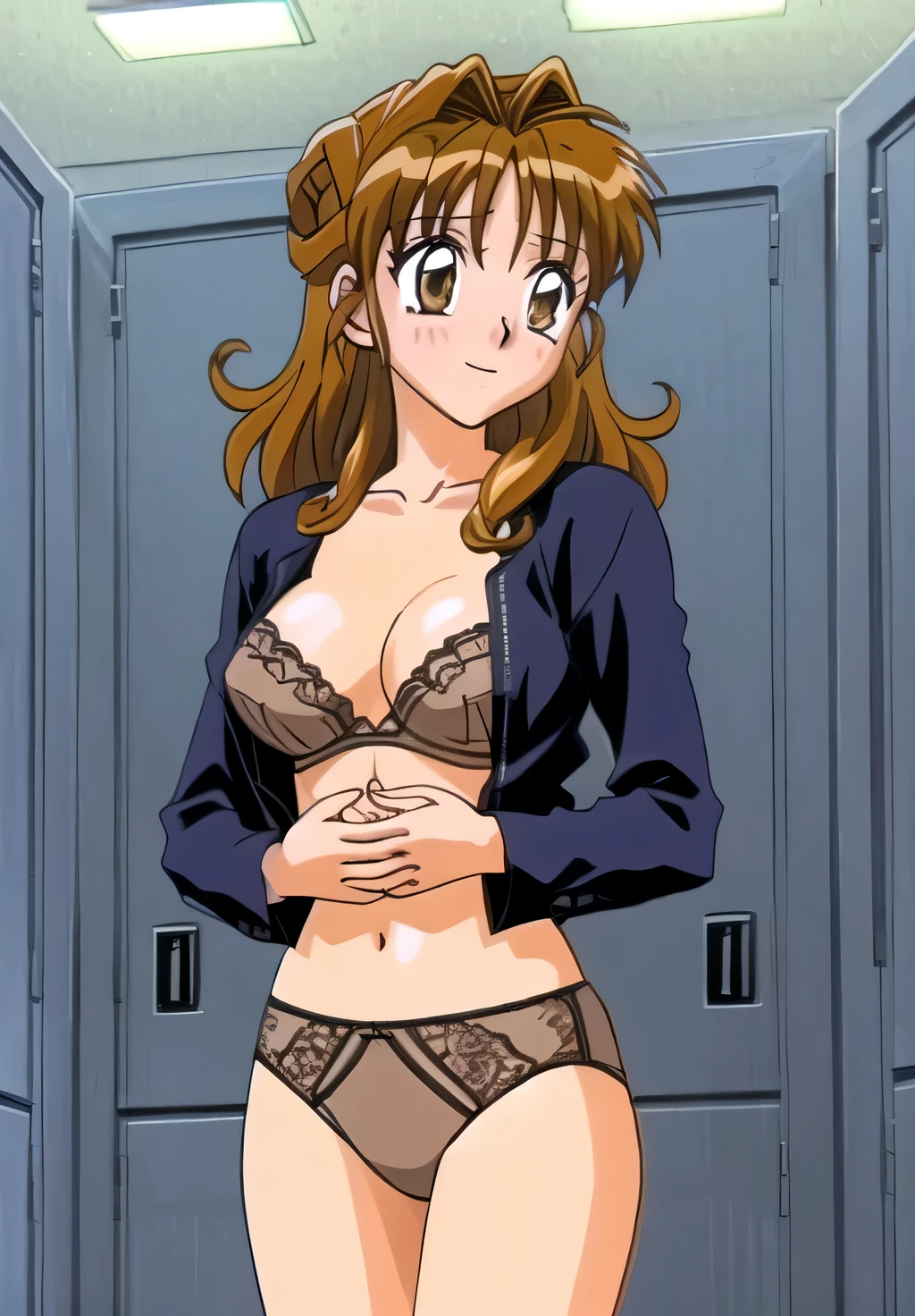 Maron,(((Blue lace underwear))),(((No bra))),Browsing Caution,Nipples,((Exposing the breasts)),pupil_Brown,Embarrassing, Open your mouth,smile,avert your eyes,((locker room)),masterpiece, expensive_quality, very_expensive_solve, big_file size, Full Color,