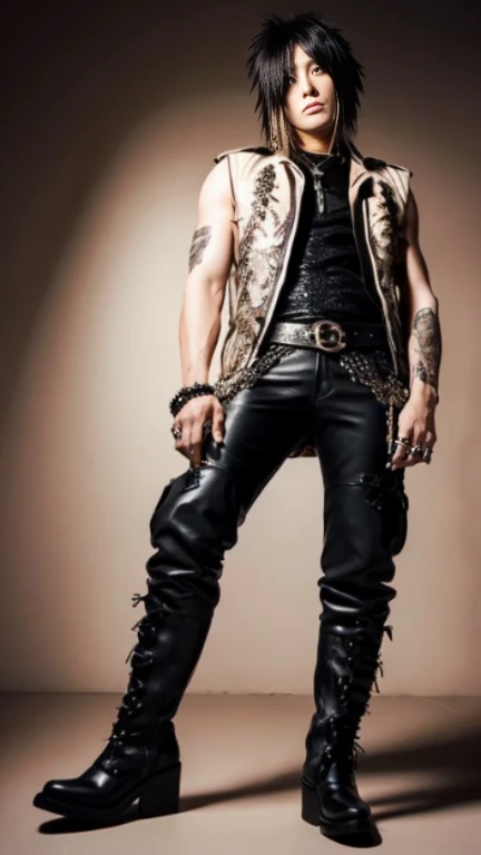 1 male Japanese gothic rocker, Asian eyes, Ultra detailed face and eyes, pretty face, Hyperrealistic, realistic representation,  40  years old, muscular, broad shoulders, wearing black rocker clothes, he wears boots, wears long leather pants, hairstyle: Visual Kei, blonde hair, black hair, full body 