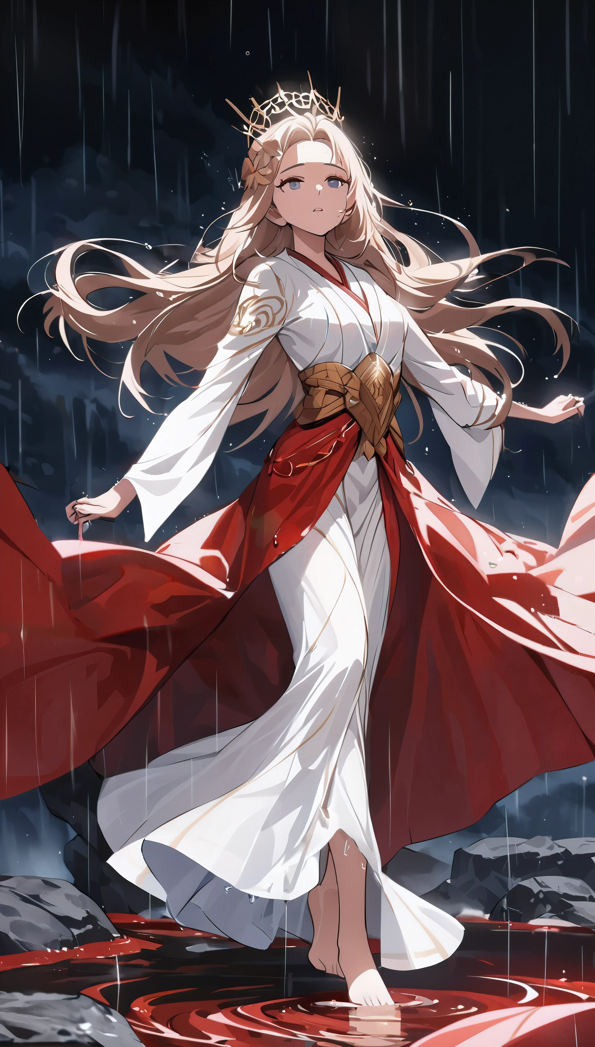 (best quality,4k,8k,highres,masterpiece:1.2),ultra-detailed,(realistic,photorealistic,photo-realistic:1.37),beautiful detailed eyes,beautiful detailed lips,extremely detailed eyes and face,longeyelashes,blonde long hair,flowing magic robe, flowing cape, flowing white robe, anime goddess, long-haired girl in anime, graceful long clothes, Chinese girl wearing Hanfu, flowing cape, blonde long-haired anime girl, flowing robe