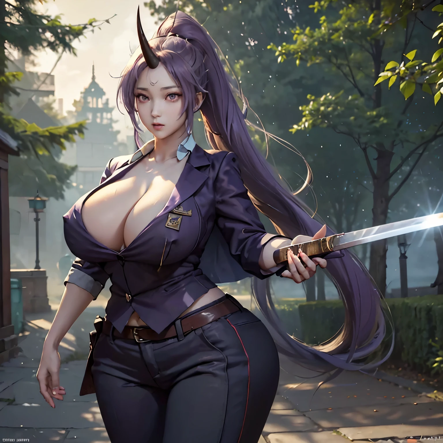 best quality, masterpiece, monster girl with one horn in the middle of her forehead (one horn on the forehead), ShionTensuraNDV character, long purple hair, ponytail, detailed face, 8k wallpaper, giant breasts, giant sag, pretty nose, pretty character design, blazer shirt purple collared, trousers, nice cleavage, White skin, perfect face, expressive eyes, wide hips, holding a super big and long sword, standing outdoors, perfect, looking at the viewer, highly detailed unity CG 8k wallpaper, perfect exposure, resolution very high, 4K, high detail, photography, 8K, HDR, high resolution, unreasonable:1.2 , Kodak portra 400, film grain, blurred background, bokeh:1.2 , lens flare, (whole body visible), (vibrant_color: 1.2), professional photos, (Beautiful,Large_Breast : 1.4 ), (beautiful_face:1.5),(medium_waist).