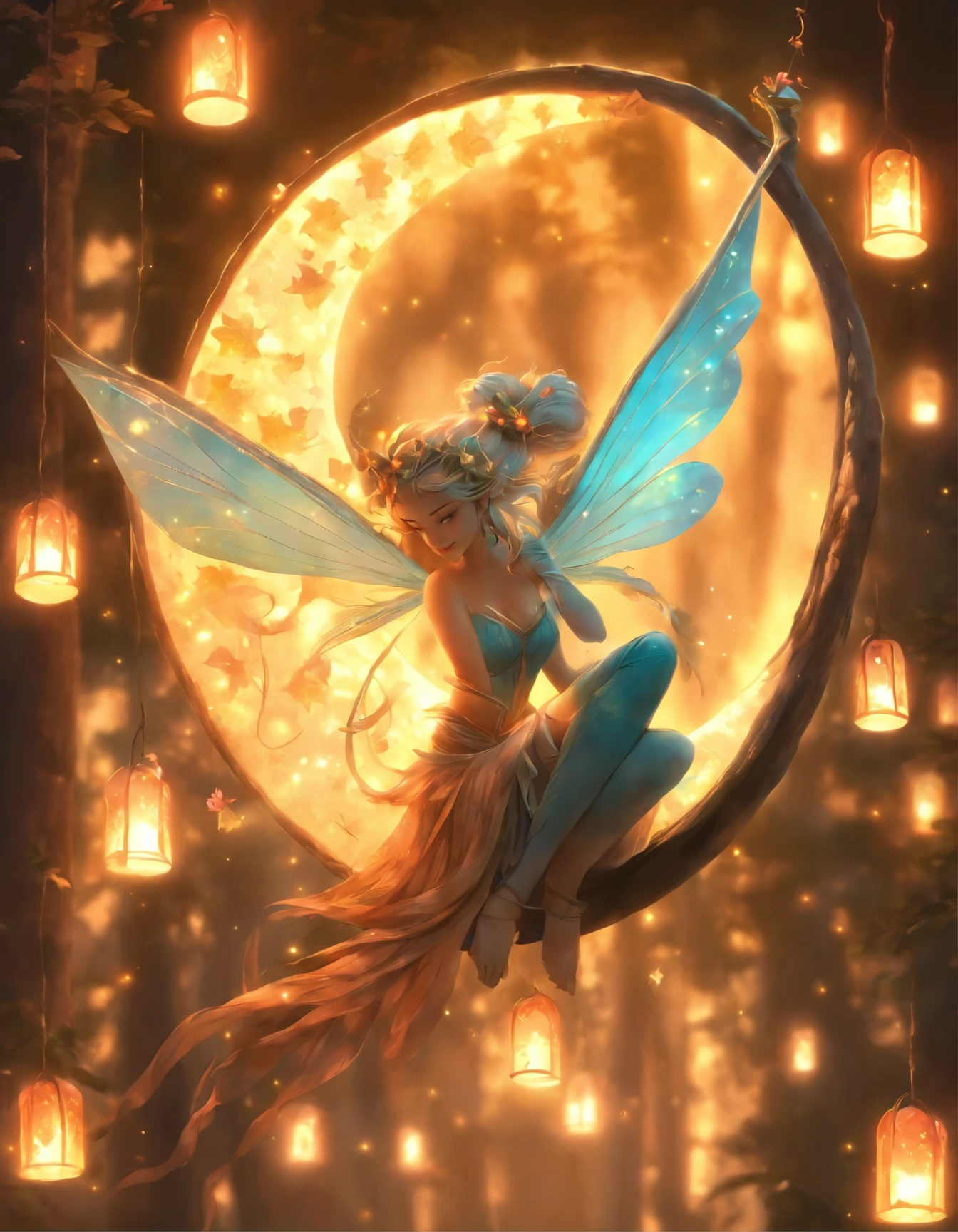 there is a fairy sitting on a crescent with a lantern, the moonlit dance of the fae, a beautiful pole dancing fairie, by Alison Kinnaird, fairy cgsociety, beautiful fairie, faerie, beautiful faery sorceress, fantasy gorgeous lighting, by Nene Thomas, beautiful fantasy art, very beautiful fantasy art, inspired by Alison Kinnaird