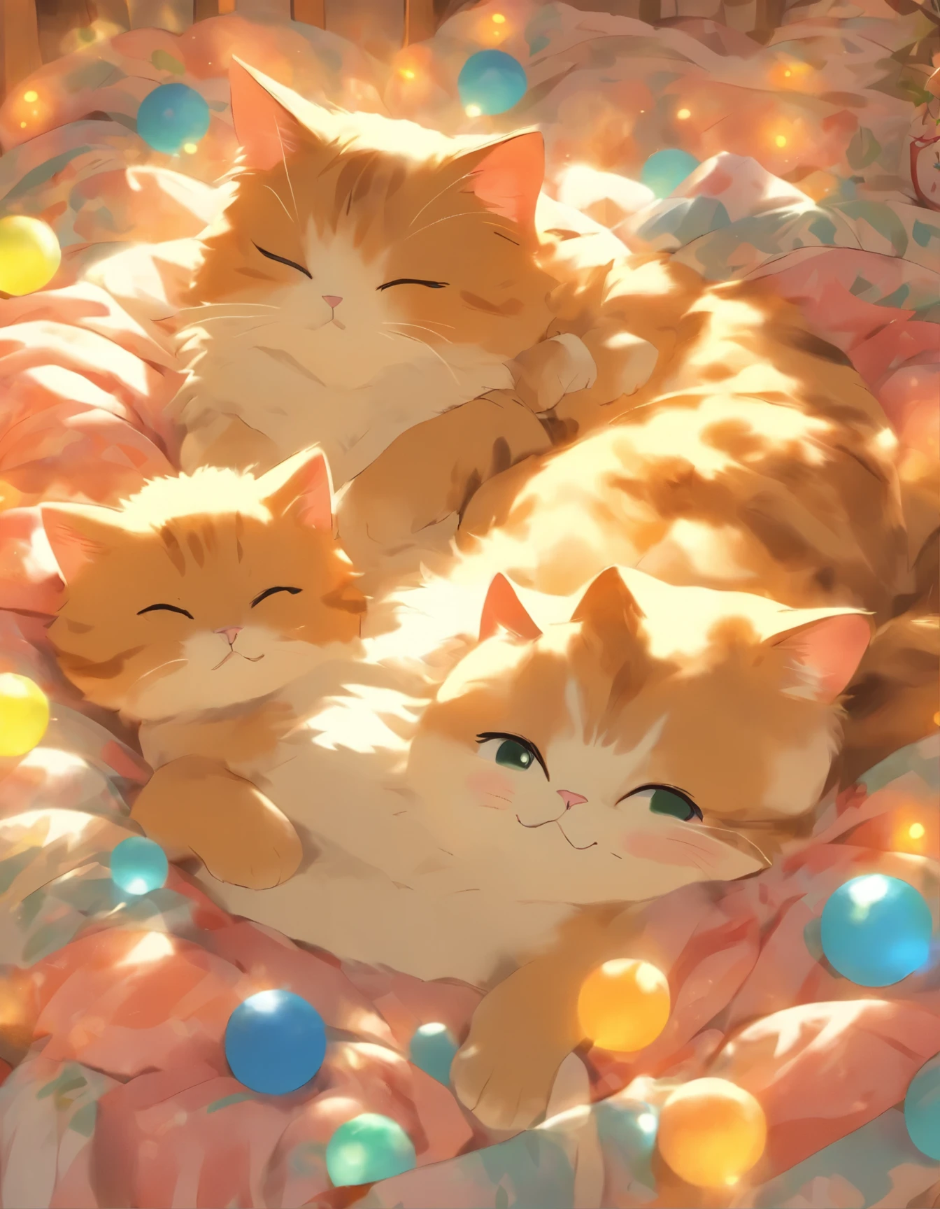 there are two cats laying on a bed together in the room, realistic anime cat, anime visual of a cute cat, anime cat, by Yang J, by Eizan Kikukawa, by Kamagurka, by Ni Tian, cute detailed digital art, beautiful illustration, cute detailed artwork, trending on artstation pixiv, kawaii cat