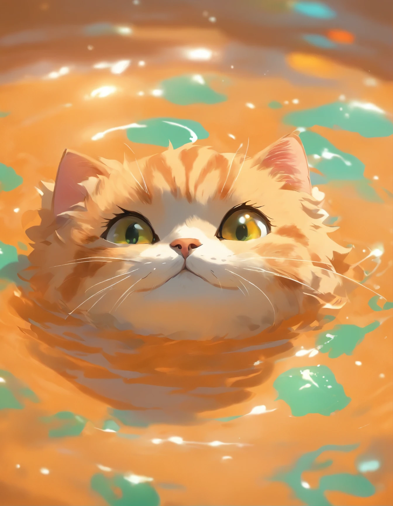 a close up of a cat in a pool of water, cat. digital painting, liquid cat, adorable digital painting, cute detailed digital art, cute detailed artwork, in style of digital illustration, cat design, cat detailed, by Brian Thomas, by Simon Ushakov, by jake parker, cute digital art, by Maurice Esteve, anime cat, !!! cat!!!