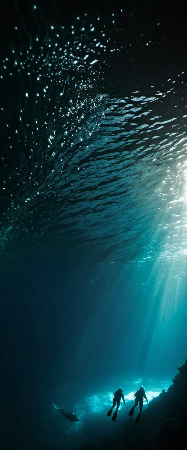 Divers swim to the bottom of the deep sea canyon,Vertical composition,Claustrophobic,Extreme darkness,The bottom of the canyon is glowing