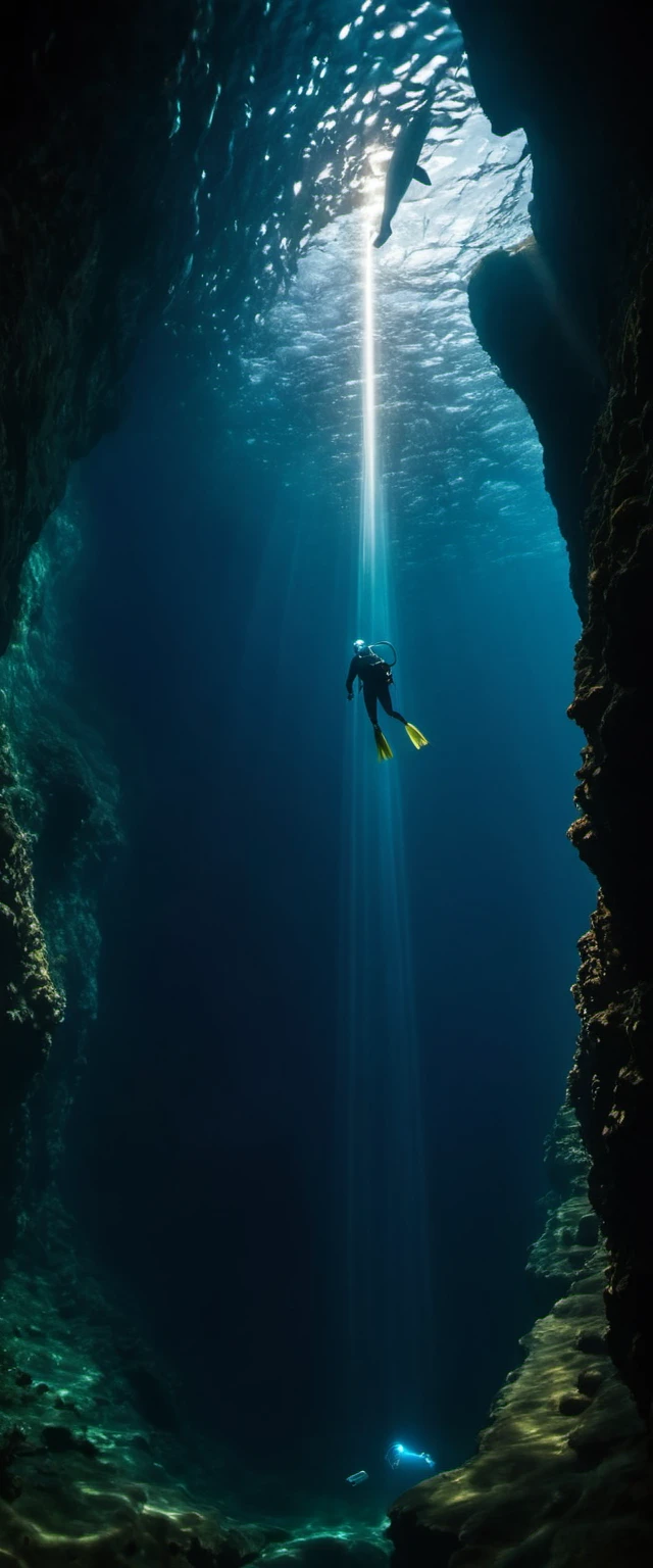 Divers swim to the bottom of the deep sea canyon,Vertical composition,Claustrophobic,Extreme darkness,The bottom of the canyon is glowing