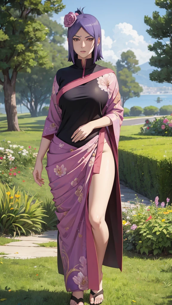 masterpiece, absurdres, konan\(naruto\), 1girl, solo,mature female, wearing indian saree, saree has black blouse,akatsuki pattern black saree, golden dupatta and golden pallu, looking at viewelling petals), perfect composition, detailed lips, big breast, beautiful face, body proportion, blush, (pink lips), purple hair, brown-eyed, soft gaze, super realistic, detailed, photoshoot, realistic face and body, full body picture, standing in the middle of a flower garden