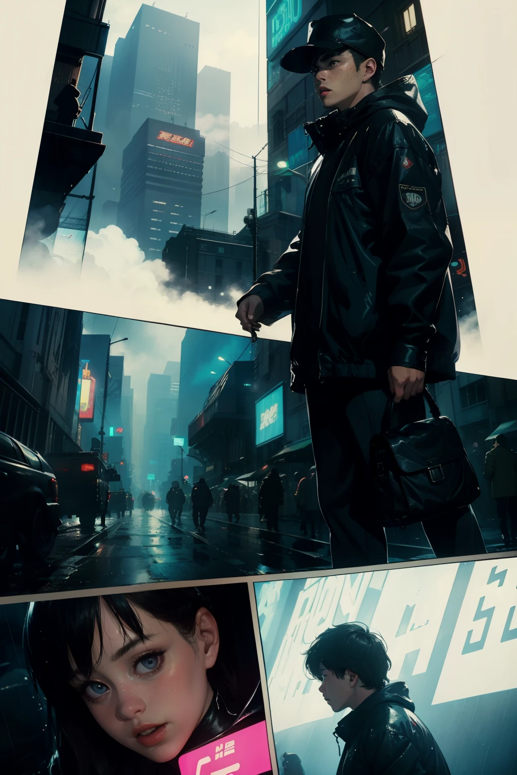 ((highest quality)), ((masterpiece)), (be familiar with), (High definition), (Accurate), (Realistic), (Cinematic), (Best Shadow), (Low contrast), (8K), Perfect Face, ((SYD MEAD style)), manga、mangaデザイン、Storyboard、Frame division、((1 Girl))、(Replicant), ((Black Hair, very short hair, Blue Eyes)), (Black hooded raincoat)、Glittering neon signs、congestion, congestion, Decadent Future City, NEO TOKYO, A.D.2051, (steam:1.2), It's raining white, evening, Bust shot of a girl