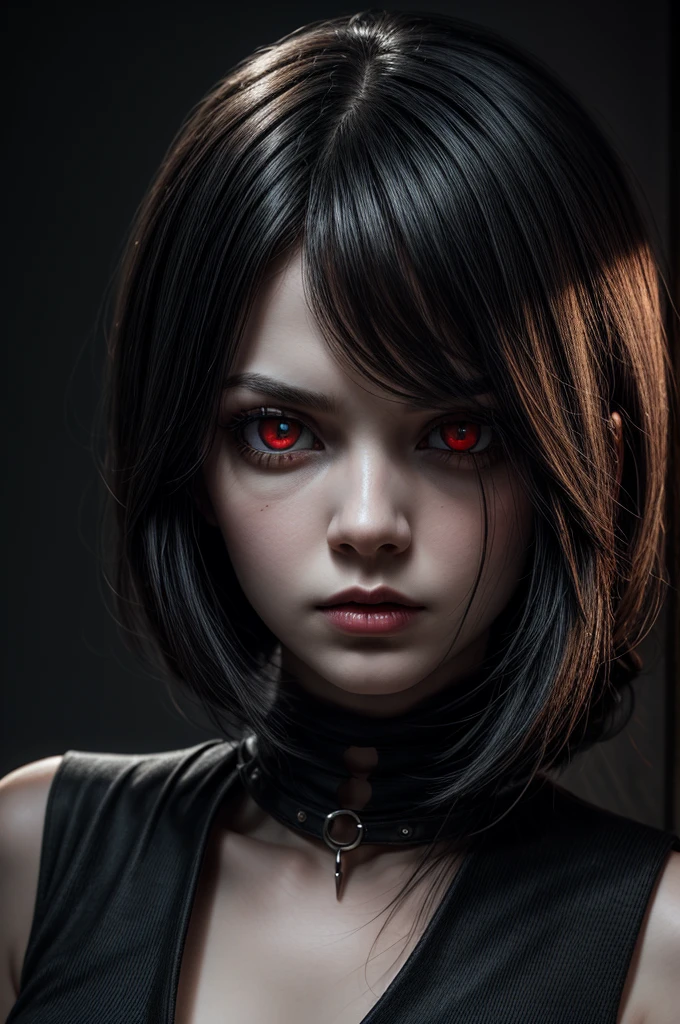 High quality artwork, 4K resolution, realistic, extremely detailed, girl, female, pale skin, white toned skin, vibrant red eyes, x-shaped pupils, serious expression, glaring, narrowed eyes, looking at viewer, black dress, black heeled boots, black and white striped fingerless gloves, beautiful face, detailed face, crimson rose eye-covering, gothic inspired, flowing black hair, frontal bangs, dark setting, dark atmosphere, ominous setting