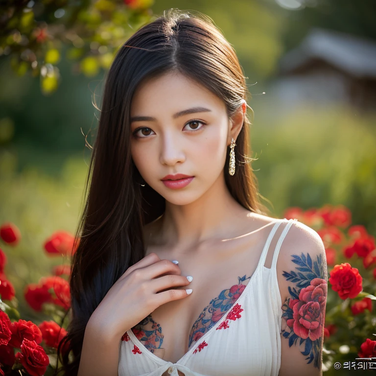 ((best quality, 8k, Masterpiece :1.3)), Clear face focus :,dark pink shirt Dark red, dark blue, tight, colorful.,) Korean style, girl style. Long hair blows up with the force of the wind.,) White tattoo 25 years. perfect body beauty:1.4. In front of the camera. More intimate. clearer than this, There is an old, thatched hut.,) There are red flowers around.,) The sunlight shines in the evening.,) Full Body°, Highly detailed faces and textures, Detailed eyes, alone, Realistic photos:1.37 .. The fine texture of the tattooed skin.. hand tattoo. breasts tattoo , Shot with a high quality Fuji camera., Color light 45.,000,000 pixels ,)) Too realistic,)