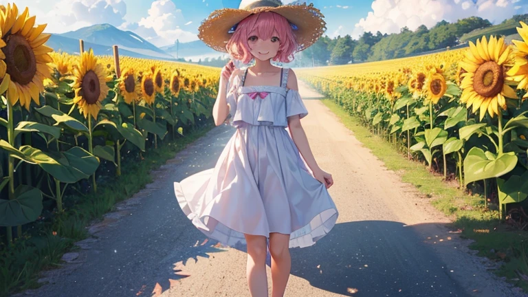 (One transcendent beautiful girl)、ultra-detailed、(8k, RAW photo, best quality, masterpiece:1.2), (extremely detailed 8k wallpaper),professional lighting,sharp focus, depth of field、(((whole body))),(((Vision)))、Sandals、Beautiful legs、nfws,((Pink fluffy short bob、rainbow colored curl hair、Curly hair))、Flower Hair Ornaments、shoulder、clavicle、Sunflower field、Straw hat、The wind is blowing、Smile slightly
