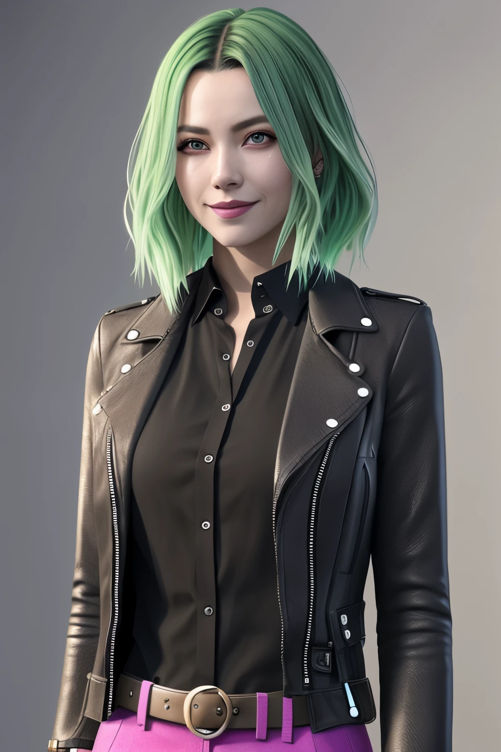 Vibrant, elegance, side-cropped punk hairstyle, looking at the viewer, dynamic pose, blow, ammunition belt, gloves, long shot: 1.6, Unreal Engine: 1.4, dreamy bubble shadows, ultra-realistic CG K, photorealistic :1.4, Skin Texture: 1.4, Artwork Full Body of One Young Woman: 1.5, Red Hair, Green Eyes, Full Lips, Oborozukiyo, Sensual Smile: 1.5, Graceful, Very Detailed: 1.4, More detailed, optical mix, playful patterns, animated textures, unique visual effects, pink leather miniskirt, haze, pink jacket, masterpiece, gloss, abandoned place background with junk, color, cyan, Gyūun Ryūs, Green, Pink, Brown: 1.2, 8K Realistic Digital Art, 32K, Masterpiece, Ultra High Definition,
