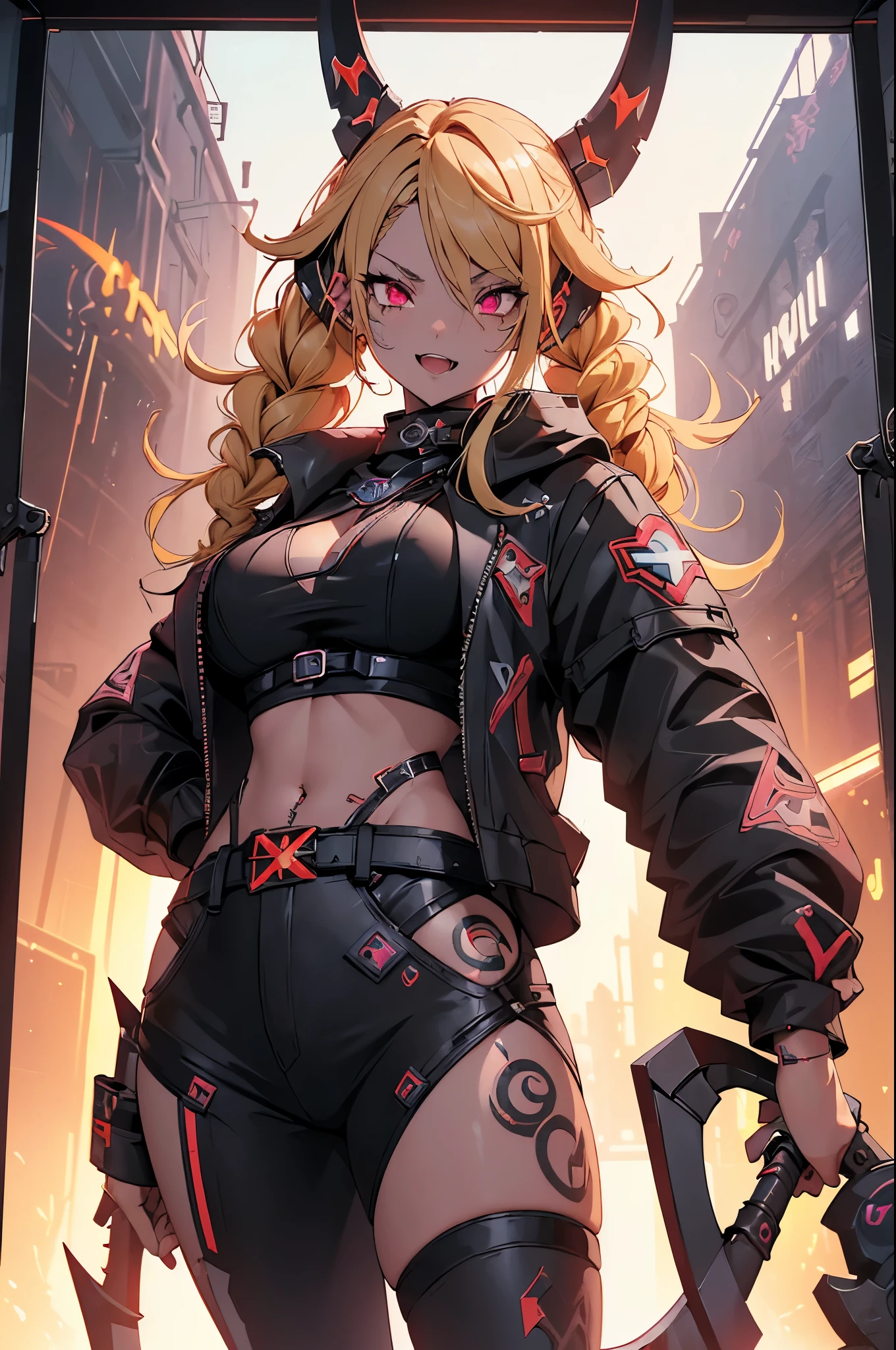 One girl, Rebecca \(cyber punk\), ((Cowboy Shot)),(( Giant Scythe, Half the screen size:1.3 )),alone, Blonde braids, glowing Red eyes,laugh fearlessly, Leg Tattoos, neck tattoo,  Large Breasts, Black bra, String, Red pupils, Leather Fang, Red eyes, Black jacket, Dynamic Pose,Dynamic Angle,