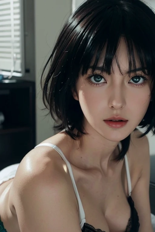 Fubuki is staring at me, She is wearing a white bra and white panties、Short black hair、Green Eyes、Large breasts, about G cup size、Not an anime、It's not a manga.、Realistic woman close-up。
