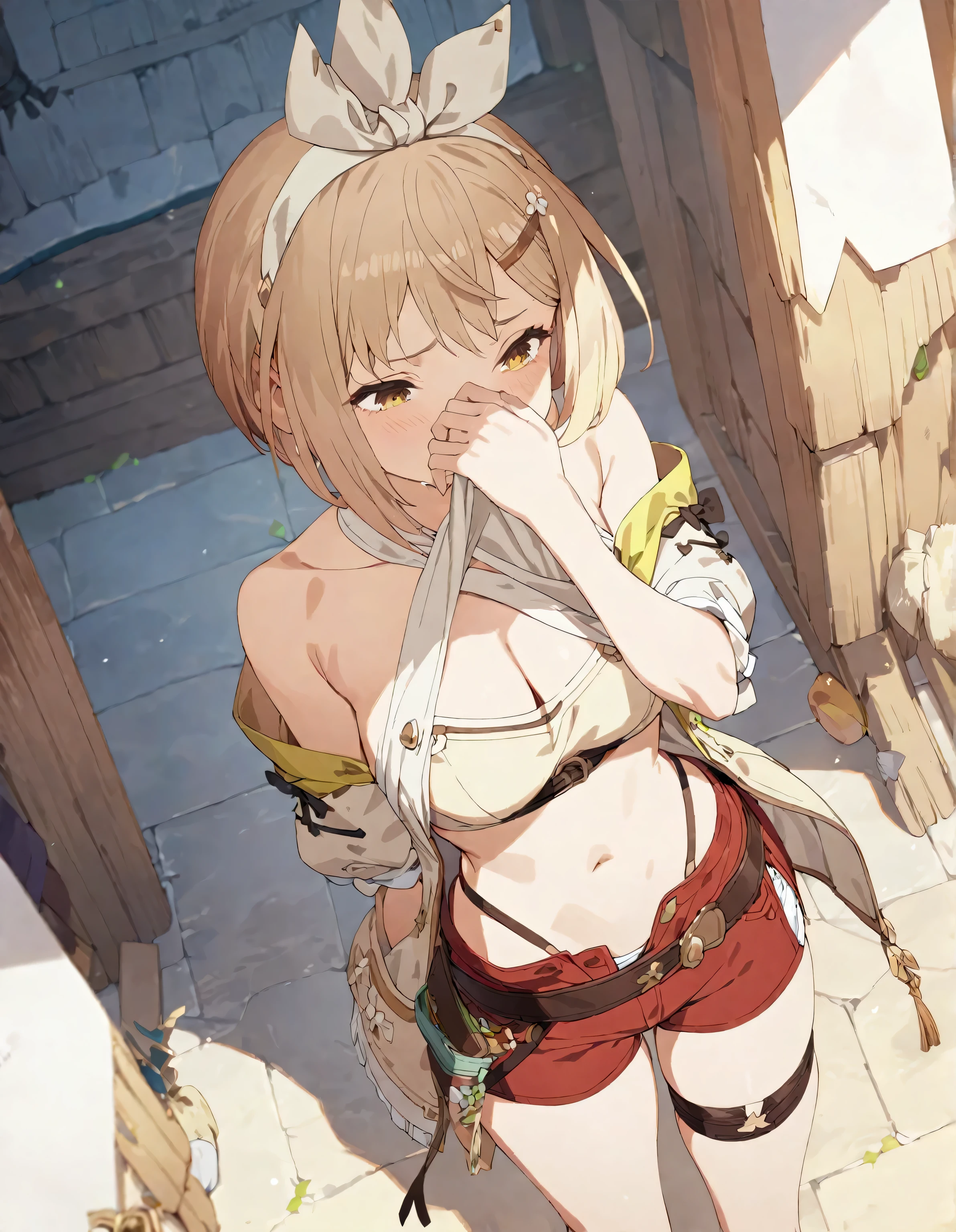 Atelier Ryza, short hair, Reisalin Stout, thigh , red shorts, short shorts, 1girl, masterpiece, best quality, ultra-detailed, perfect composition, intricate details, filled yellow smoke,
(best quality,masterpiece:1.5),absurdres,highres,8k, ultra high res, official art,illustration,extremely detailed, covering mouth with hand, looking down, {{Head down}}, from above, diagonally view shot, dutch angle, blown eye