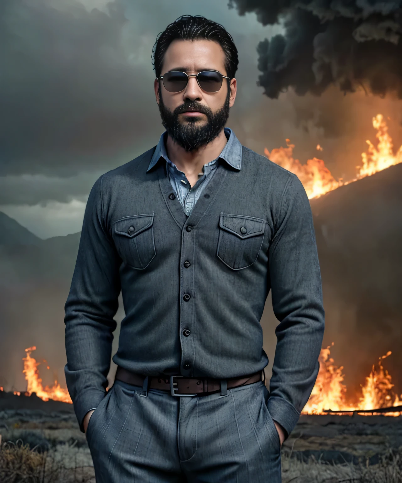 Obra maestra, desenfoque de campo, Parte superior del cuerpo, hands in pants pockets , 38 year old man with beard and square sunglasses. Man wearing a plaid shirt in an action movie with a fire storm in the background.