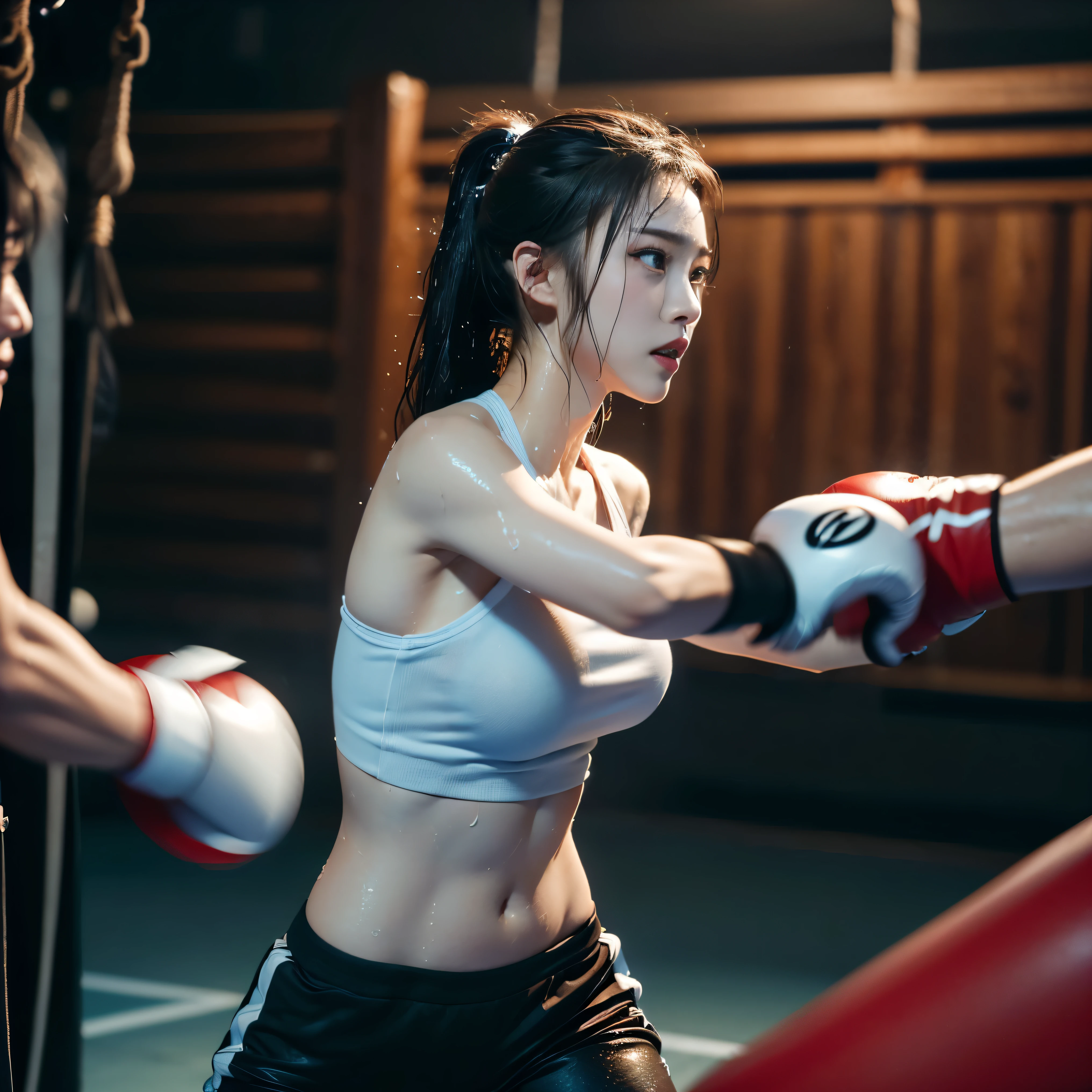 (highest quality、8k、High resolution、masterpiece:1.2)、Young and beautiful woman、Big Breasts、(boxing)、(Hitting the punching bag:1.5)、Quick Movement、(Motion Blur Effect:1.5)、(Looking at the camera:1.0)、(Body wet with sweat)