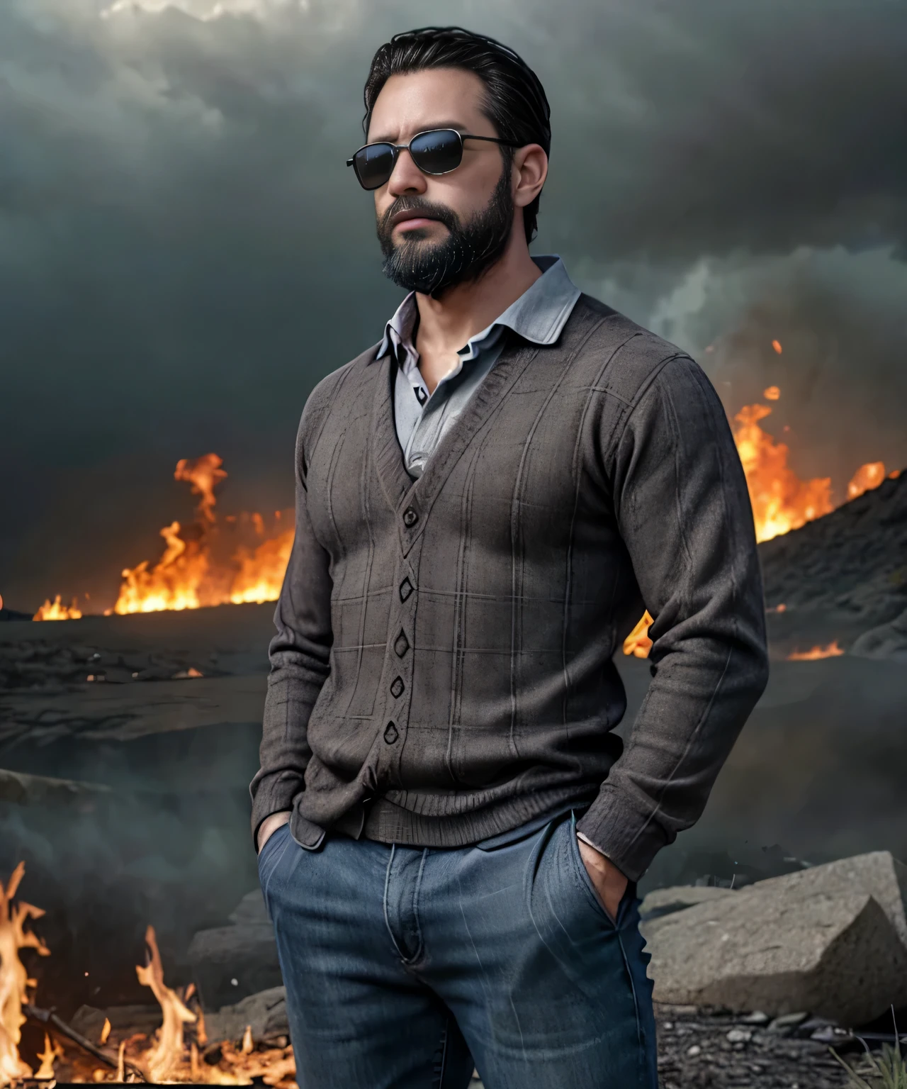 Obra maestra, desenfoque de campo, Parte superior del cuerpo, hands in pants pockets , 38 year old man with beard and square sunglasses. Man wearing a plaid shirt in an action movie with a fire storm in the background.