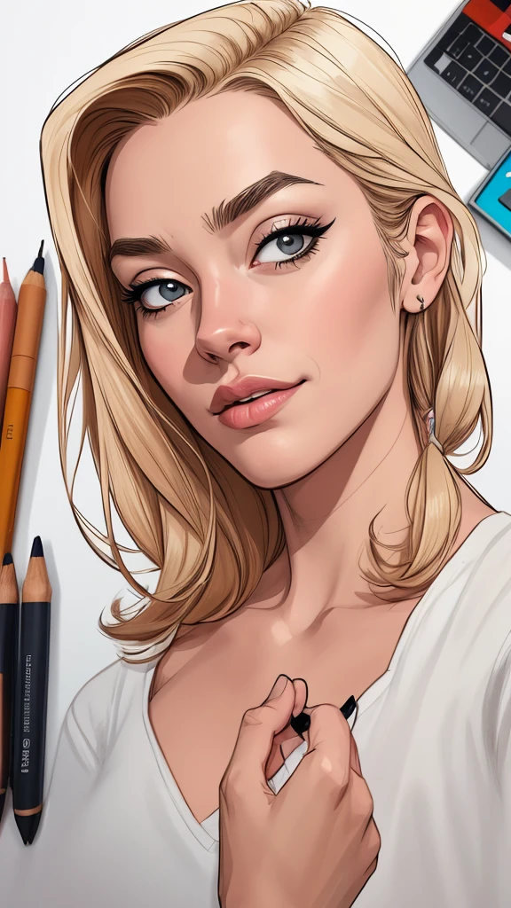 Personagem Yvonne Strahovski omagem de desenho animado de uma mulher .cartoon style illustration, estilo de arte dos desenhos animados, estilo de arte dos desenhos animados, digital illustration style, design de personagens altamente detalhado, arte digital detalhada fofa, City fan art, Design de personagens de retrato, beautiful digital illustration, retrato de alta qualidade, Arte em quadrinhos, mulher jovem. expression of sexual desire white background