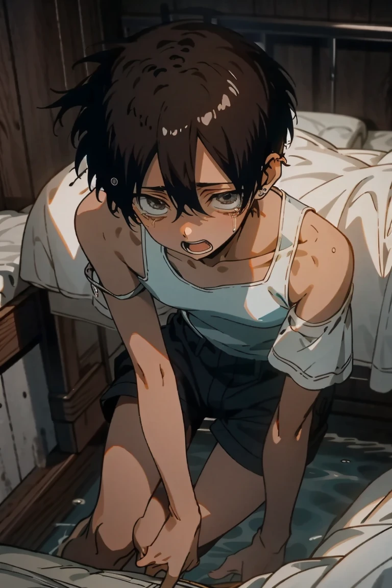 （（Boy opens his legs））、Shorts crotch、Thighs, front、Shyly、Looking at the camera、On the bed、Wet Hair、Collected wet clothes in the southeast.、Bare shoulders、Colorless hair, short hair, With brown eyes, 8K, Super detailed, Advanced Details, Advanced Details, highest quality、Are crying、fear、Open your mouth、