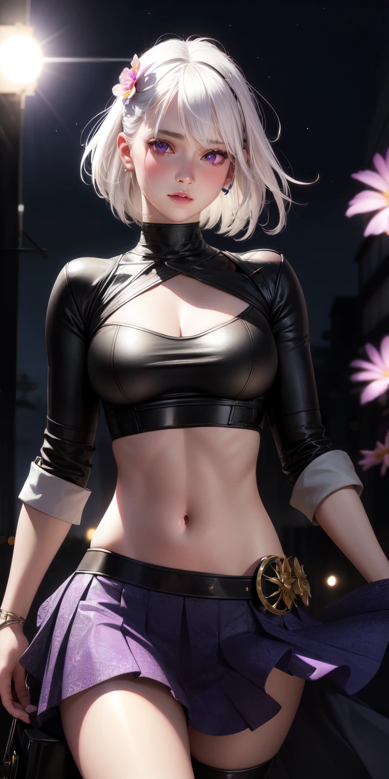 realistic, 1girl, white hair, purple eyes, glowing eyes, crop top, skirt, parted lips, blush, night, flowers, sun, sunlight,nsfw, deep sexy body, hot, naked, open boobs, pussy pink lips,