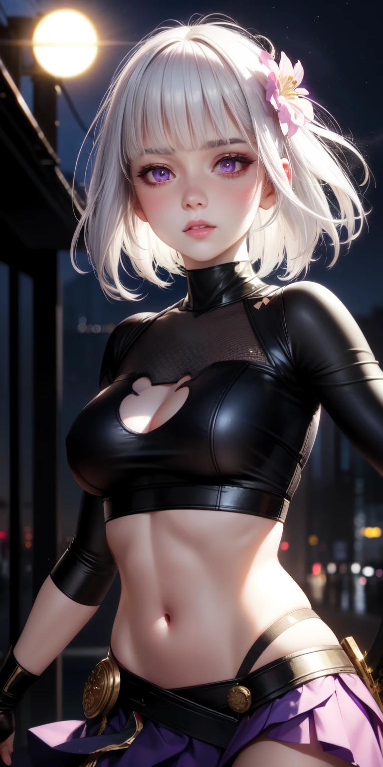realistic, 1girl, white hair, purple eyes, glowing eyes, crop top, skirt, parted lips, blush, night, flowers, sun, sunlight,