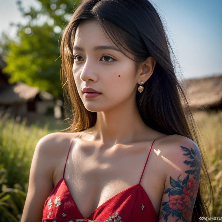 ((best quality, 8k, Masterpiece :1.3)), Clear face focus :,dark pink shirt Dark red, dark blue, tight, colorful.,) Korean style, girl style. Long hair blows up with the force of the wind.,) White tattoo 25 years. perfect body beauty:1.4. In front of the camera. More intimate. clearer than this, There is an old, thatched hut.,) There are red flowers around.,) The sunlight shines in the evening.,) Full Body°, Highly detailed faces and textures, Detailed eyes, alone, Realistic photos:1.37 .. The fine texture of the tattooed skin.. hand tattoo. breasts tattoo , Shot with a high quality Fuji camera., Color light 45.,000,000 pixels ,)) Too realistic,)