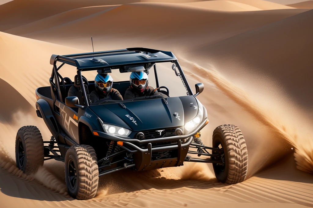 a close up of a person driving a black utv in the desert, buggy, dune, mixed art, tesla dune buggy, photos, sand, dynamic angled shot, high speed action, off - road, intense look, video, vehicle, dynamic action shot, off-roading, action shot,